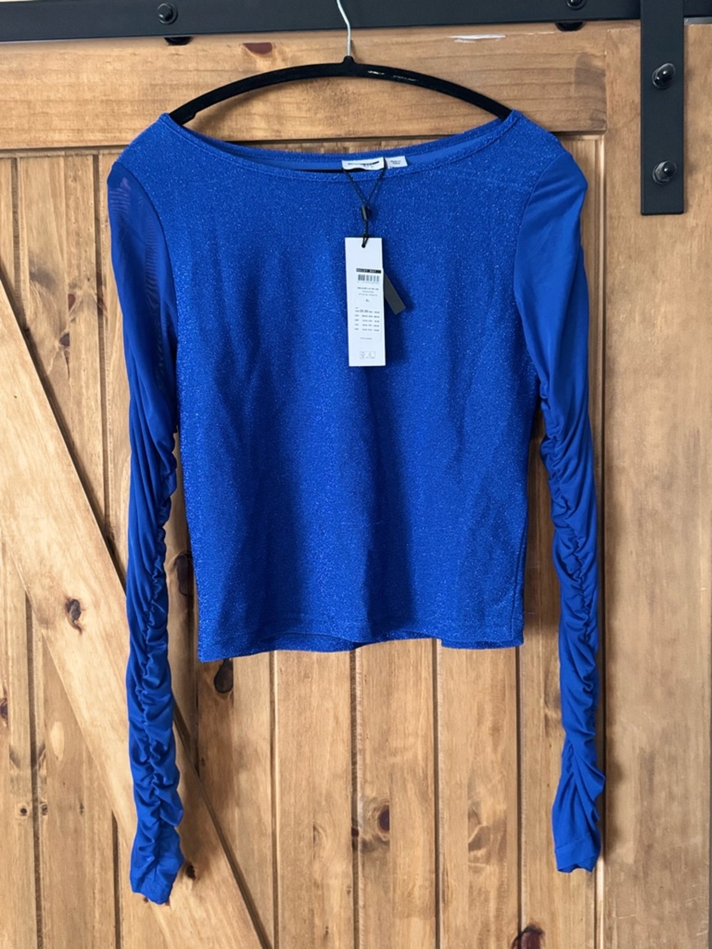 Noisy May Royal Blue Sparkle Ruched Long-Sleeve Crop Top